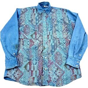 Vintage Kenny Rogers Western Shirt Men Medium Blue Denim Button Up Ranch Cowboy*